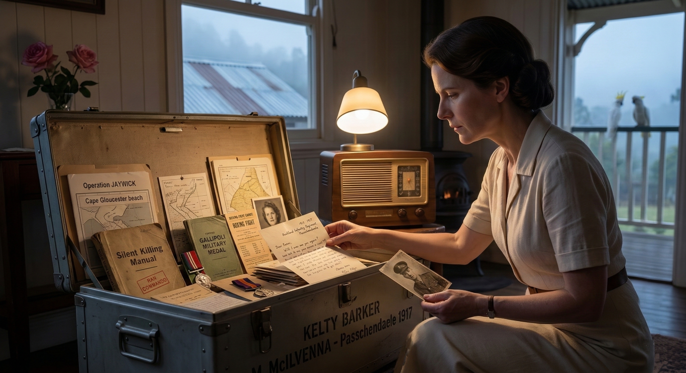 Portrait of Mags studying Kelty's trunk
